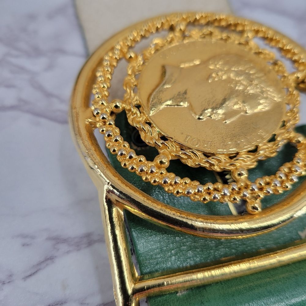 Vintage Green Leather Statement Belt with Gold Napoleon Coin Medallion - Picture 14 of 16